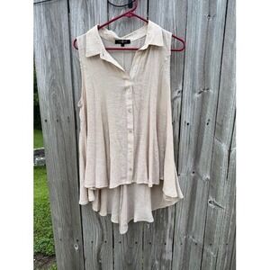 Boho Coastal Timeline Sleeveless High Low Blouse L Beige Textured Button Down